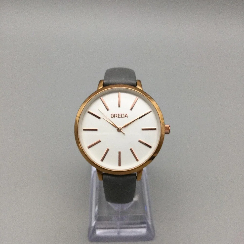 Breda Womens Watch 37mm Silver Gold Tone Gray Leather Strap New Battery